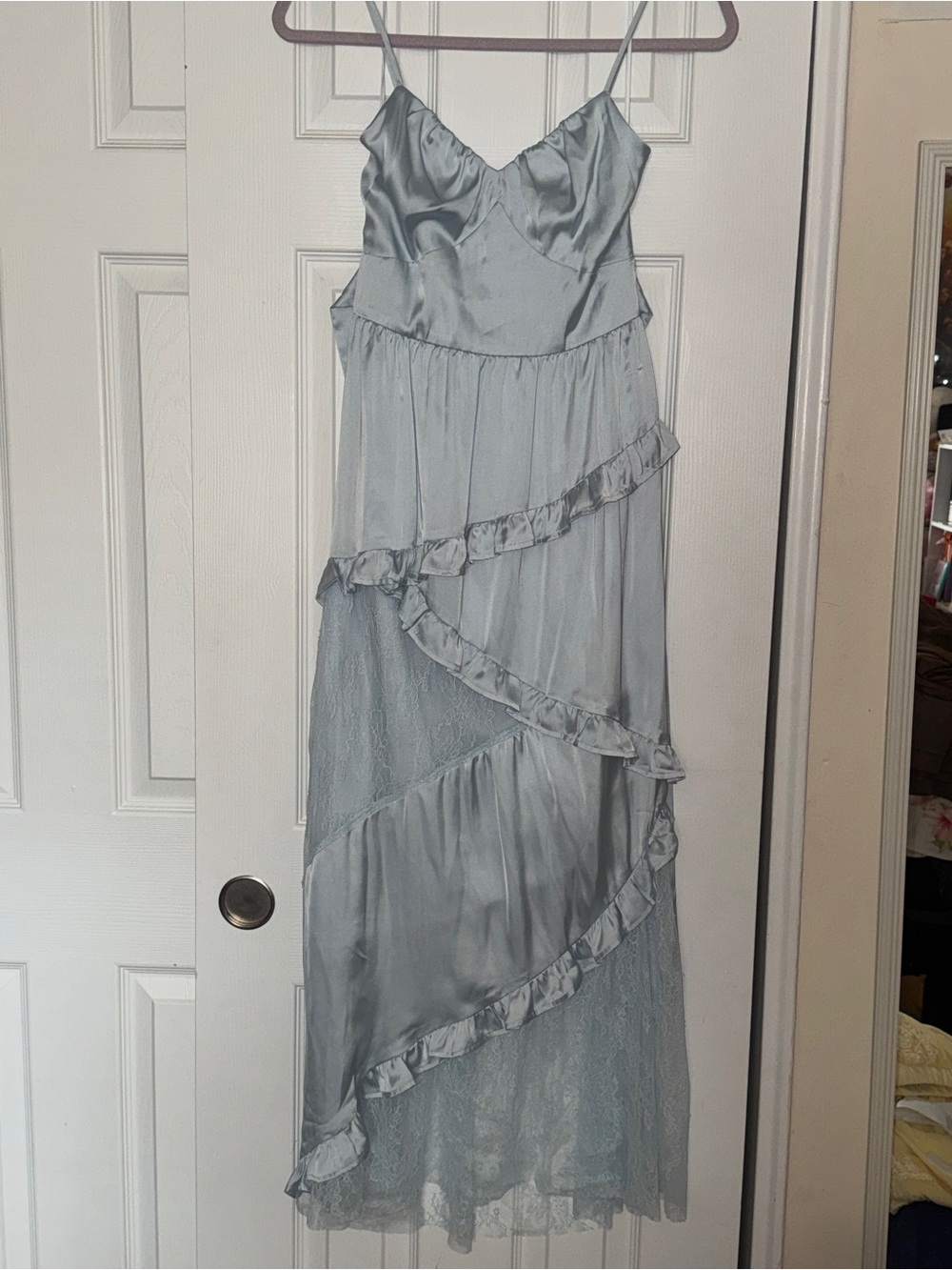 Silky Light Blue Slip Dress with Ruffle Tiers
